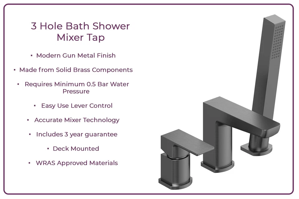Gun Metal Deck Mounted Bath Shower Mixer Tap 3 Hole Bath Shower Mixer Tap - Image 2 of 3