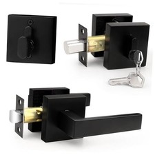 Flat Passage Door Lever with Single Cylinder Deadbolts Combo 1 Pack Black