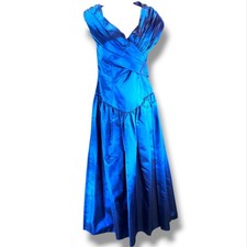 VTG 80s Alfred Angelo Irredecent Blue Prom Gown Dress Sz 3/4 Criss-Cross Ruched