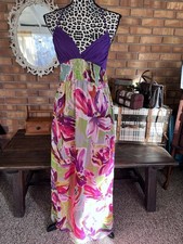 Forever 21 Y2K Chiffon Maxi Dress (M) Floral Halter Purple Green Pink