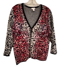 Women  s Chico  s SZ 2 Animal Print Cardigan Colorful 100 Cotton