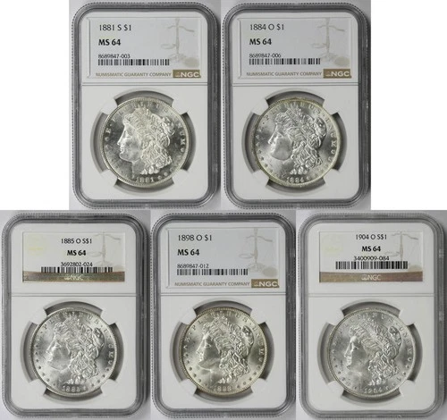 Lot 5 Coins Different Date Morgan Dollar $1 MS 64 NGC