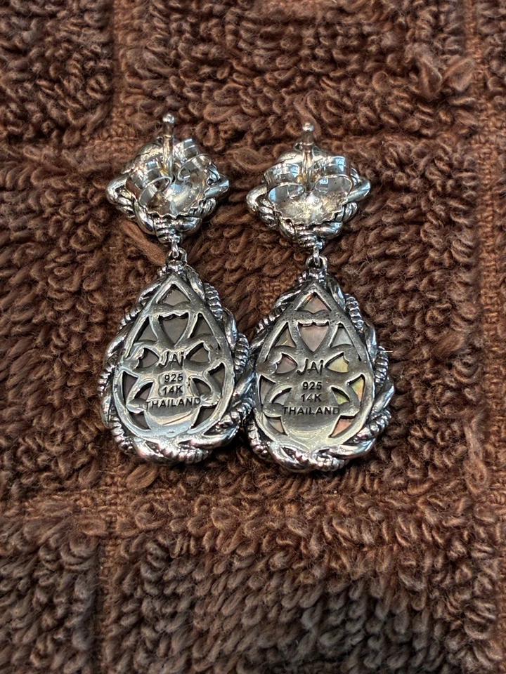 JAI John Hardy 925 Silver 14K Gold Black Mother of Pearl Dangle Pierced Earrings - Image 4 of 4