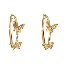 Double CZ Butterfly Dangle Hoop Earrings for Women Girls Cubic Butterfly Golden