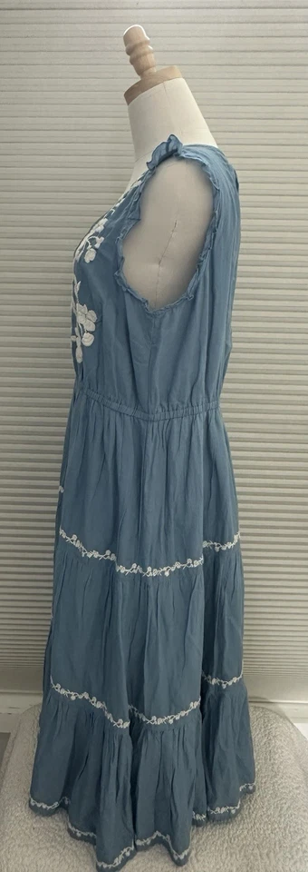 Lucky Brand Women Blue Midi Floral Embroidered Tiered Ruffle Peasant Dress Large - Image 2 of 4