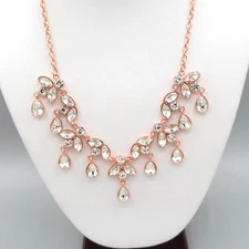Rose Gold Metal Statement Necklace With Teardrop Leaf Shaped Crystals