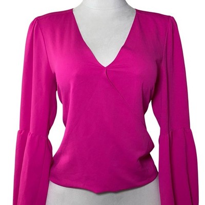 Barbiecore Hot Pink Statement Sleee Wrap Style Blouse Lightweight Elevated Basic