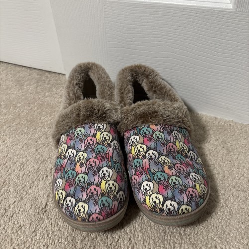 Sketchers BOBS Too Cozy Sz 8.5 Soft Memory Foam Slippers Dog All over Print