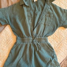 Sage Green Cotton Gauze Short Sleeve Button Front Romper Small