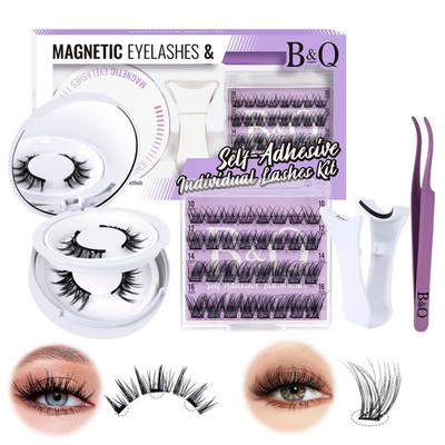 B&Qaugen Self Adhesive Eyelashes 2 Pairs+32PCS, Magnetic+Self Lashes