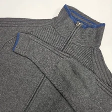 Ibex Mens Large Merino Wool Full Zip Sweater Gray Blue Mock Neck Elbow Patches
