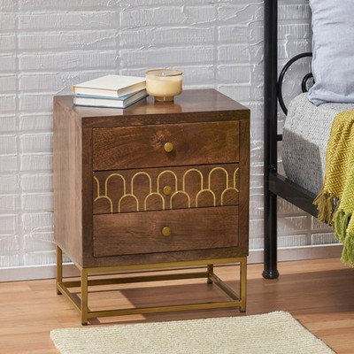 Walnut Finish Mango Wood Night Stand with Iron Gold Legs Mid Century