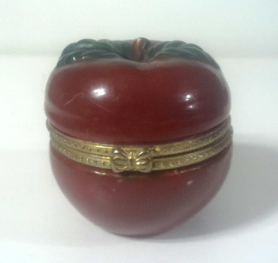Ceramic Red Apple Trinket Box Ring Holder Gold Trim VINTAGE 2.5'' Tall