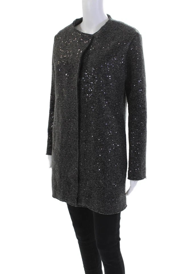 Abrigo Zara Mujer Manga Larga Tres Botones Lentejuelas Tejido Gris Talla Pequeña Foto 2 de 4