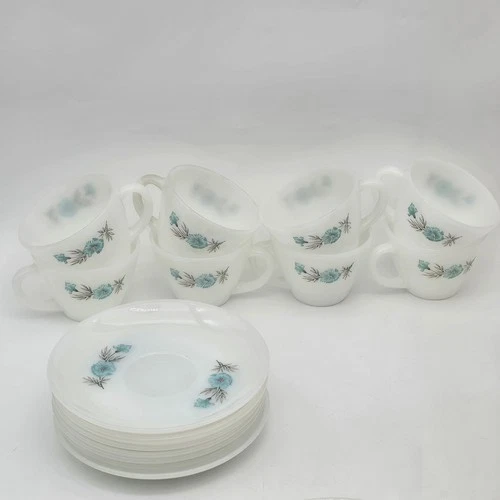 Vintage Anchor Hocking Fire King Tea Cup & Saucer Sets 8 Blue Flower 1 Tulip