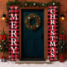Merry Christmas Banner 71"x13" Buffalo Plaid Door Banner for Christmas Decor...