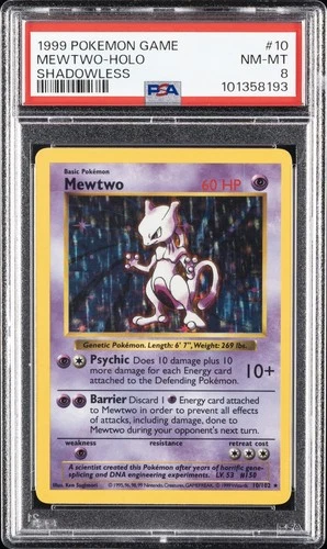 1999 POKEMON BASE SET SHADOWLESS #10 MEWTWO-HOLO PSA 8