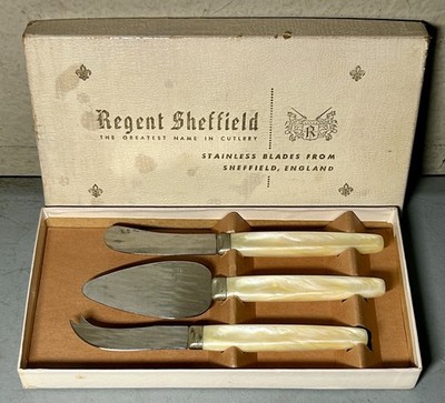 Vintage Regent Sheffield 3 PC Faux Mother of Pearl Cheese Charcuterie Set w Box