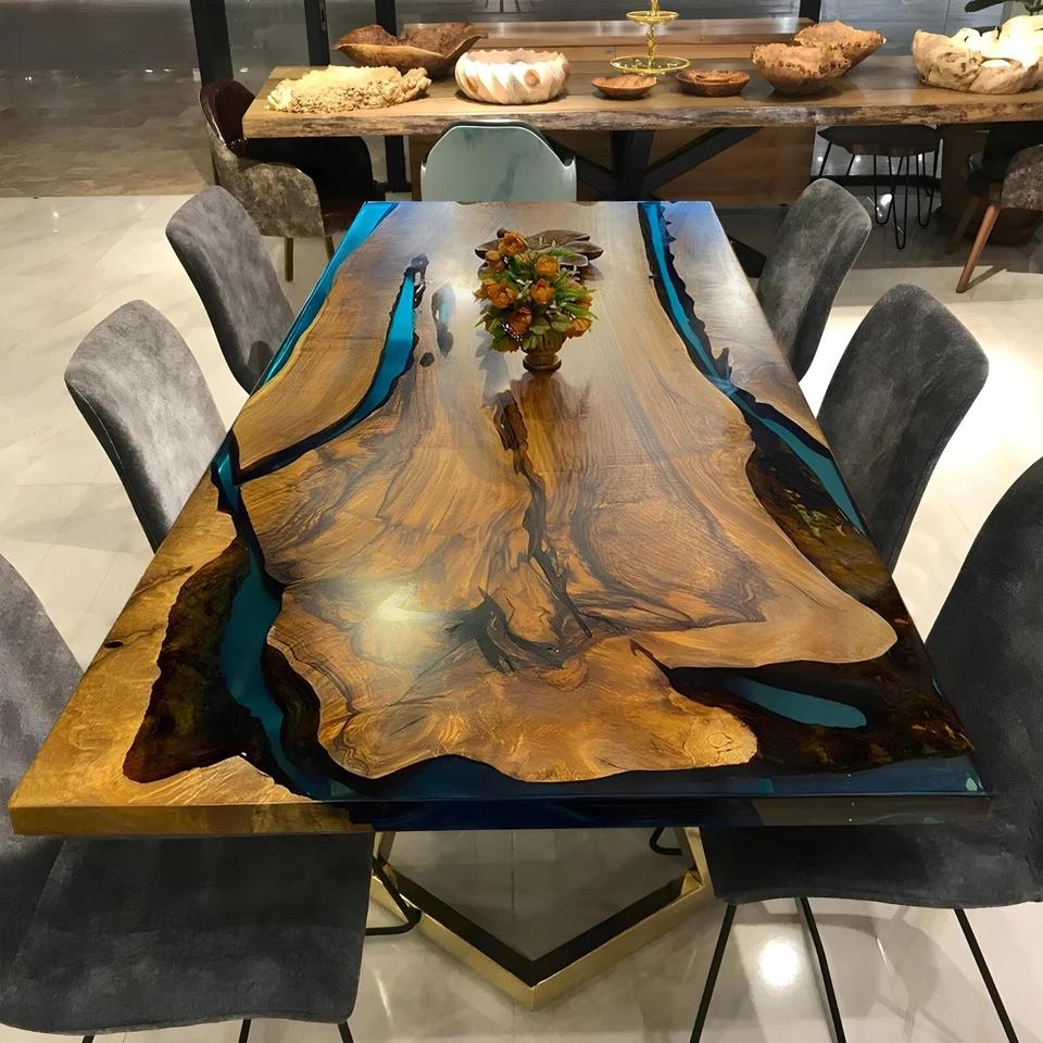 Custom Blue Epoxy Resin Wood Kitchen Table Top | Handcrafted Modern Furniture - Image 2 of 4