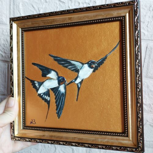 Swallow Bird painting Couple of swallows Art Gold Framed Fly Bird Artwork - Picture 4 of 12