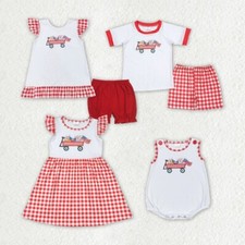 USA Patriotic Sibling Clothing 4th of July Truck Firework Embroidery Outfit
