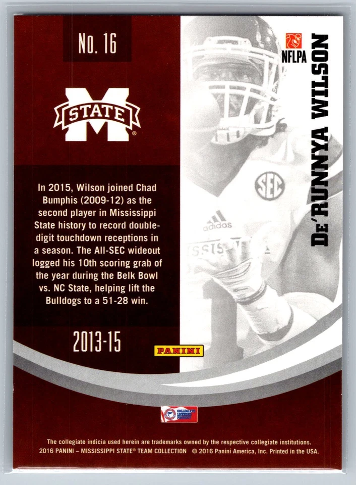 2016 Panini Collegiate Mississippi State De'Runnya Wilson Rookie RC #16 - Image 2 of 2
