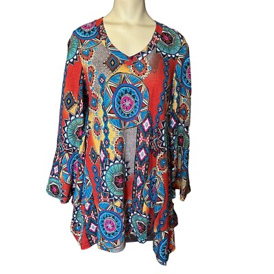 Win Win Tunic Top Flare Bottom Aztec Tribal Print 3/4 Sleeve Boho Women S/M NWT