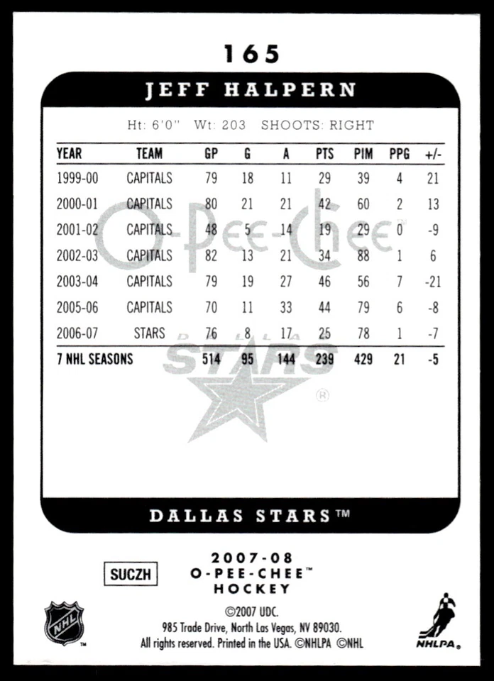 2007-08 O-Pee-Chee Micromotion Jeff Halpern Dallas Stars #165 - Image 2 of 2