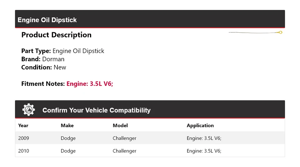 Масляный щуп для двигателя Dodge Challenger 3,5 л V6 Dorman 2009-2010 годов выпуска - Изображение 2 из 4