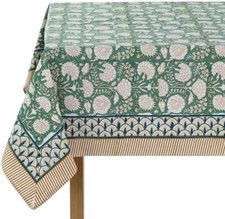 Turquoise Moss Green Floral Tablecloth for Dining, 60x90 Inches, 6 Seater