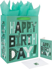 13" Large Green Gift Bags Set with Greeting Card and Tissue Papers Green Happy