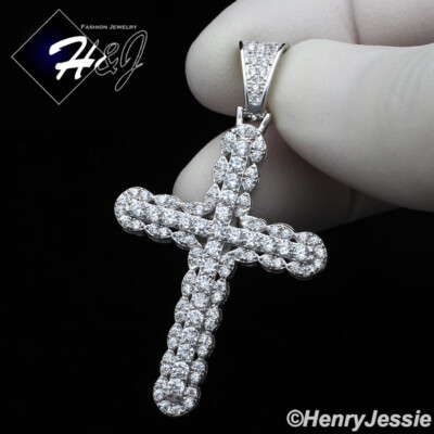 MEN 925 STERLING SILVER ICY BLING CUBIC ZIRCONIA SILVER 3D CROSS ...