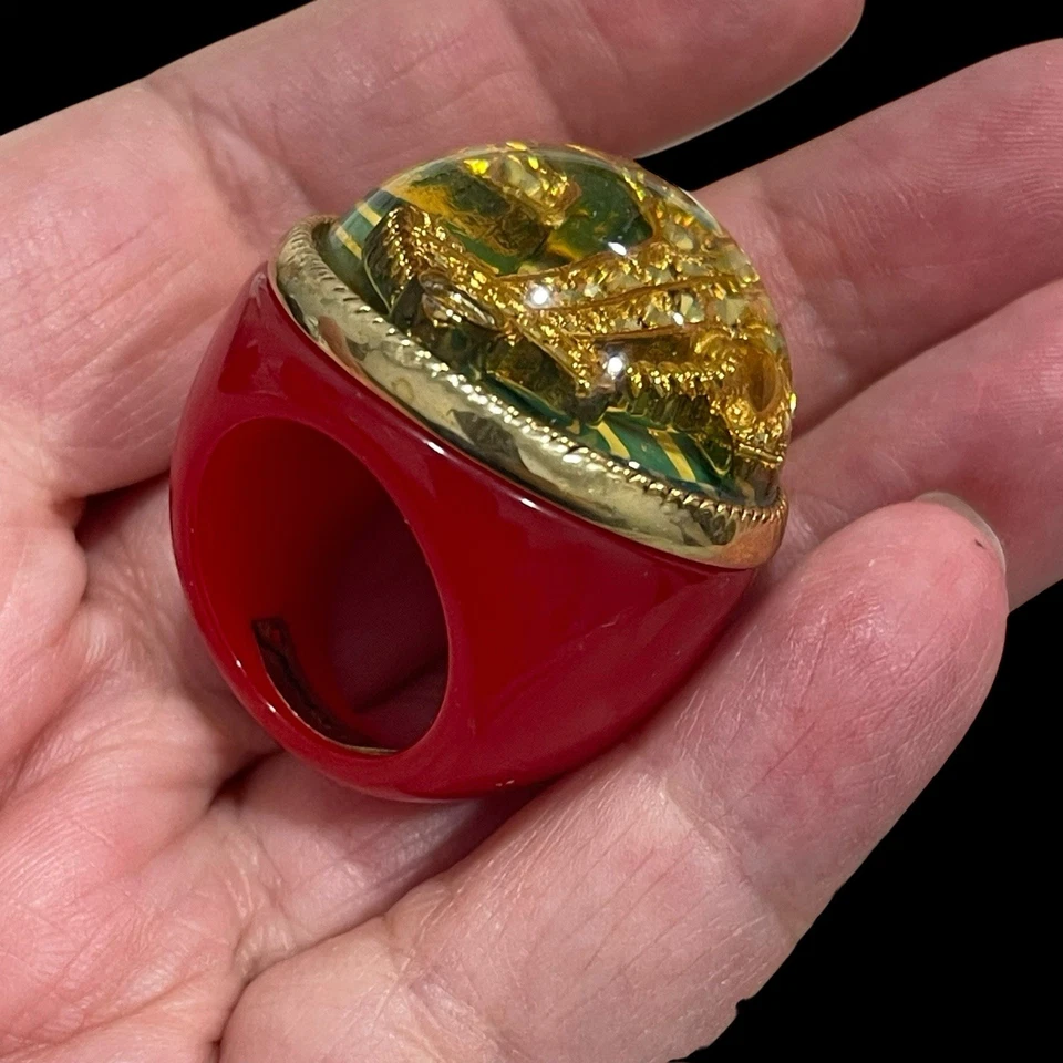 Betsey Johnson Nautical Ring Green Yellow Striped  Lucite Bubble Gold Anchor 7 - Image 3 of 4