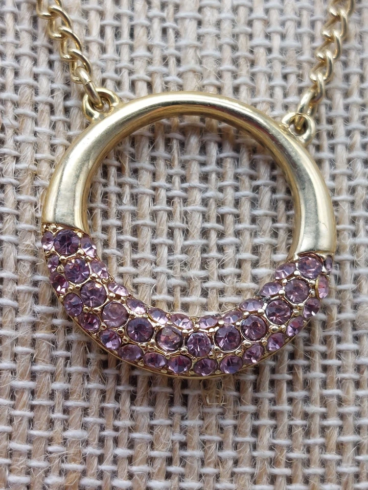 Beautiful Gold Tone Necklace Round Pendant with Purple Rhinestones 18" - Image 2 of 4
