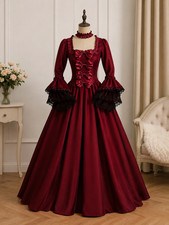 Victorian Gothic Lace Patchwork Maxi Dress Square Neck Flare Sleeve Costume