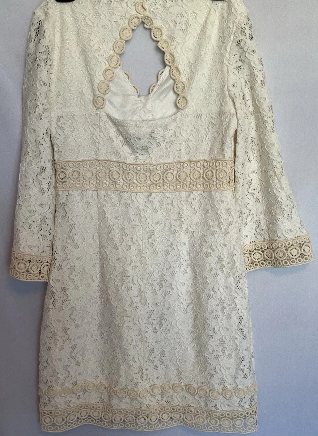 OFF WHITE Abito all'uncinetto pizzo bianco sporco Laundry By Shelli Segal foderato dietro diamantato taglia 6P