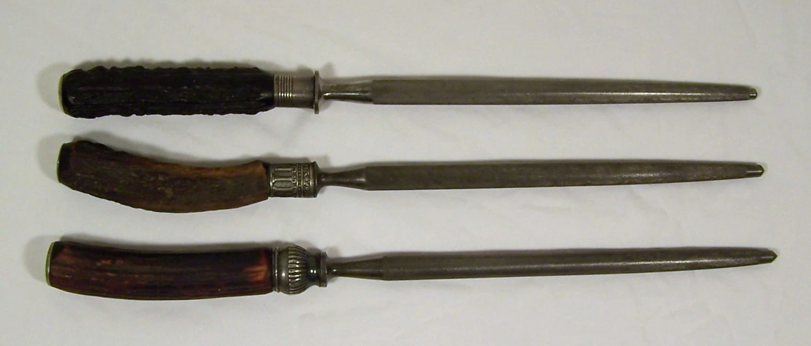 Honing Rod Steel Stag Antler Handle Sterling Silver Ornate Collar Vintage 3 LOT
