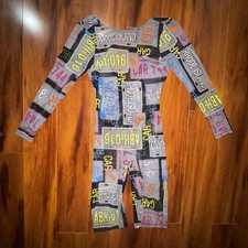 Vintage License Plate Print Catsuit Bodysuit USA Made Stretch Festival Rave S M