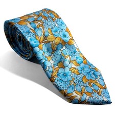 Light Blue  Gold Floral Motif Silk Satin Tie Handmade in Italy 