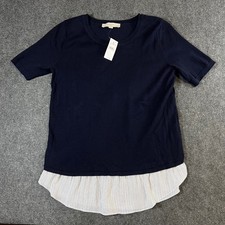 LOFT Navy Blue Mixed Media Striped Hem Crossover Back Sweater Top XS NWT