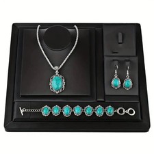 Round Design Necklace+Earrings+Bracelet Set Turquoise Silver-Turquoise Jewellery