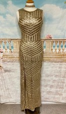 Maxi Evening Dress 10 Gold Sequin Quiz Bodycon Stretch Gatsby Deco Geo Formal