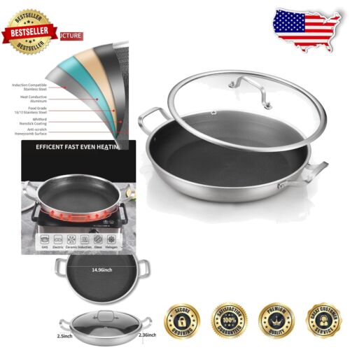 Large 5.5-Quart Stainless Steel Nonstick Paella Pan for Indoor & Outdoor Cooking