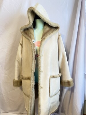 Jones NY Reversible Coat Hood Faux Fur/Suede Beige Pockets