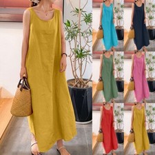 S-5XL Women Cotton Linen Sleeveless Dress Ladies Casual Crew Neck Maxi Sundress