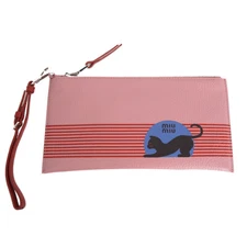 NEW $595 MIU MIU Pink Pebble Leather Madras BLACK CAT LOGO Graphic WRISTLET BAG