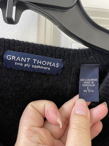 Grant Thomas 100% Cashmere Black V-neck Sweater Men's Size L MONGOLIA - Picture 2 of 5