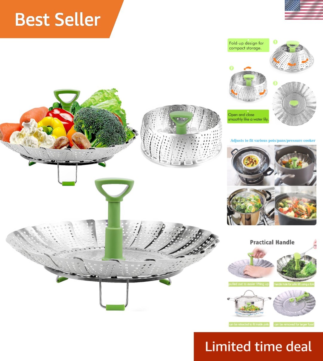 Vegetable Steamer Basket for Cooking Food, Stainless Steel Veggie Steam Baske...-image