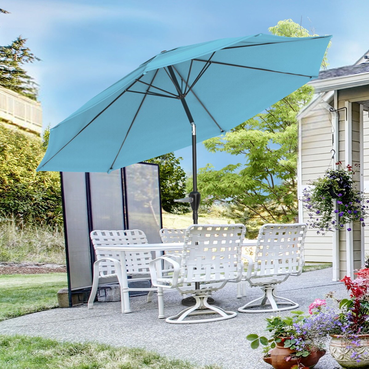 10 Ft Patio Umbrella Outdoor Camping Beech Table Umbrella with Auto Tilt Blue US 10 Ft Patio Umbrella Outdoor Camping Beech Table Umbrella with Auto Tilt Blue US