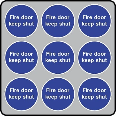 DECALHEADS FIRE DOOR KEEP SHUT Stickers x 9 - 85mm Diameter Interior/Exterior Use
